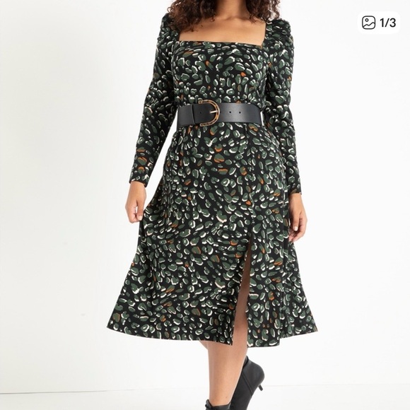 Eloquii Dresses & Skirts - Eloquii Midi Dress Women’s Size 22W Long Sleeves Black Green Tie Back Stretch